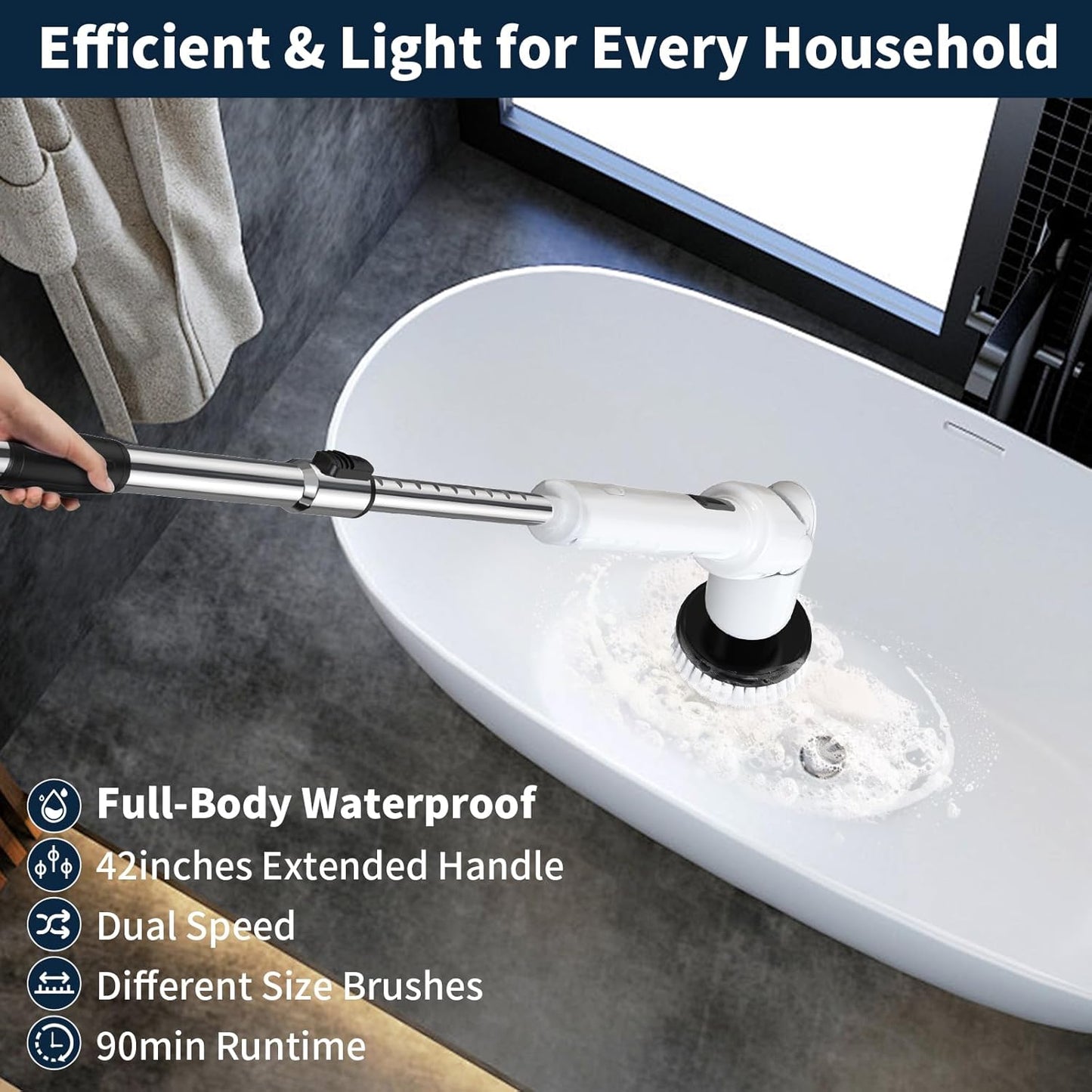 Revolutionary Electric Spin Scrubber - Cordless Cleaning Brush with Digital Display, 2 Powerful Speeds, 8 Versatile Brush Heads, IPX7 Waterproof Design, and Adjustable Long Handle for Effortless Cleaning of Bathrooms, Tiles, Showers, and Cars