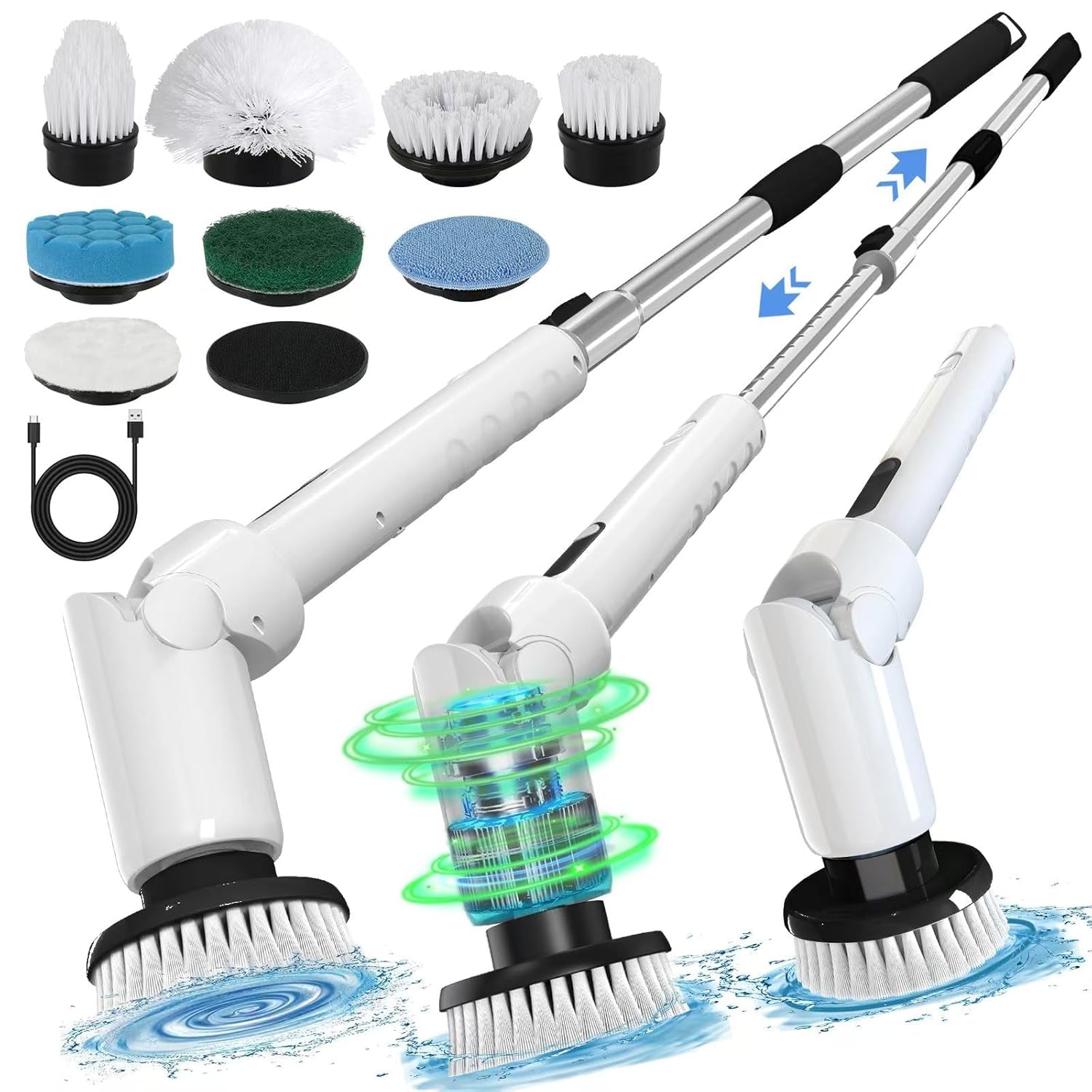 Revolutionary Electric Spin Scrubber - Cordless Cleaning Brush with Digital Display, 2 Powerful Speeds, 8 Versatile Brush Heads, IPX7 Waterproof Design, and Adjustable Long Handle for Effortless Cleaning of Bathrooms, Tiles, Showers, and Cars